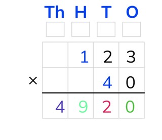 Standard algorithm multiplication with tens and numbers to 1,000