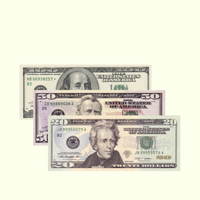 Identify bills: 20, 50, and 100 dollar