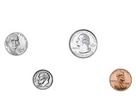 Identify coins: Penny, nickel, dime, quarter