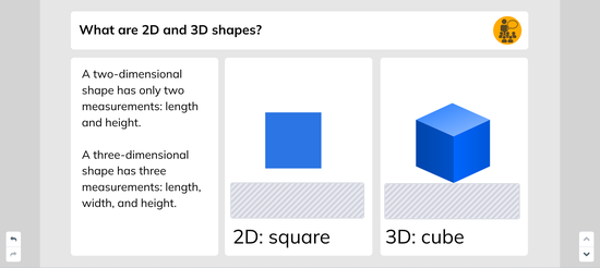A screenshot of an elementary school geometry lesson about 3d shapes