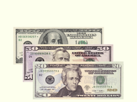Identify bills: 20, 50, and 100 dollar