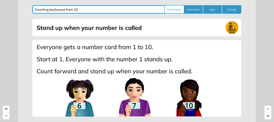 A screenshot of a classroom exercise about counting backward from ten for elementary students 